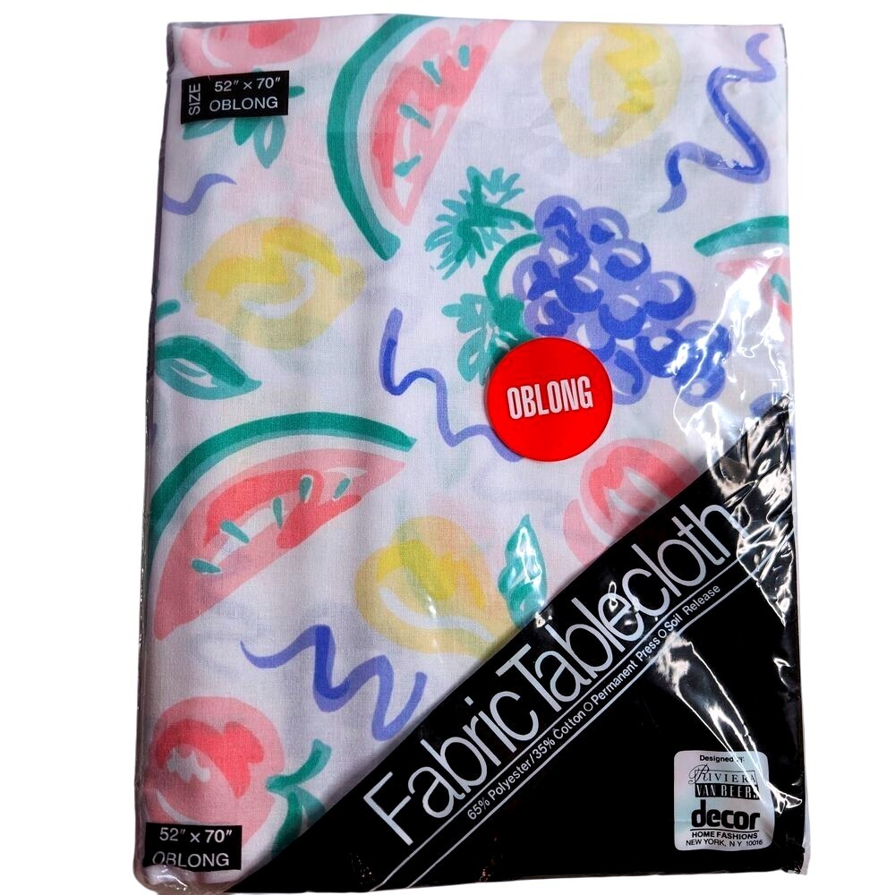 Fruit 90s Fabric Tablecloth Vtg Rectangular Oblong 52 x 70 RetroNeon Bright NEW